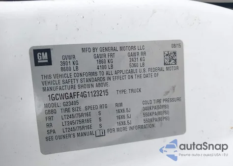 2016 Chevrolet Express 2500 Work Van z USA, uszkodzony, nr VIN 1GCWGAFF4G1123215